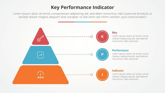 KPI key performance indicator model infographic concept for slide presentation with round pyramid and line pointer with 3 point list with flat style