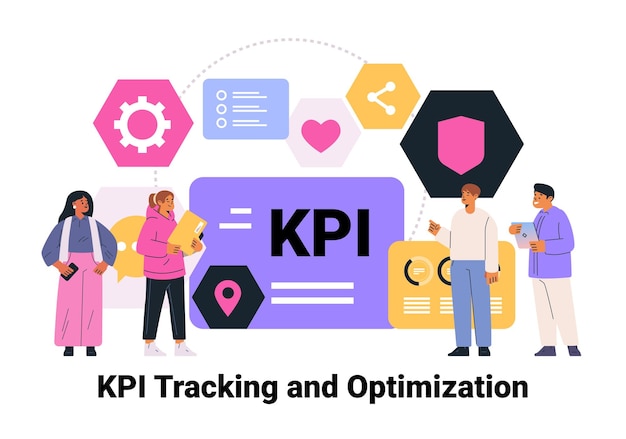 kpi tracking and optimization concept people analyzing data colorful icons teamwork digital strategy