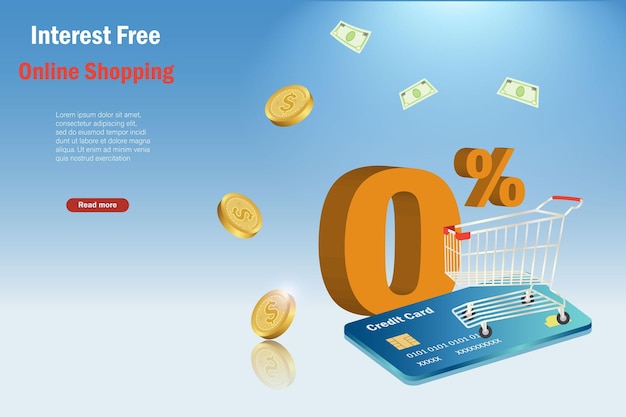 Kredi kartında %0 faizsiz alışveriş sepeti. Çevrimiçi alışveriş e-ticaret e-ödeme vektörü için finansal promosyon kampanyası
