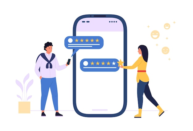 Kundevurdering Kvinde og mand giver positiv feedback for service Karakterer viser tilfredshed