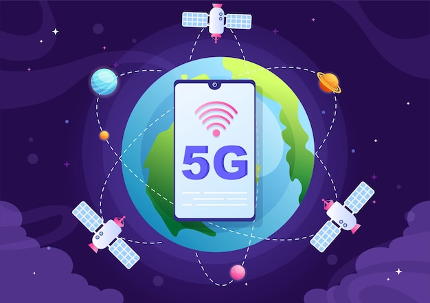 Kunstige satellitter i kredsløb om planeten Jorden med trådløs teknologi. Globalt 5G internetnetværk satellitkommunikation i flad baggrundsillustration