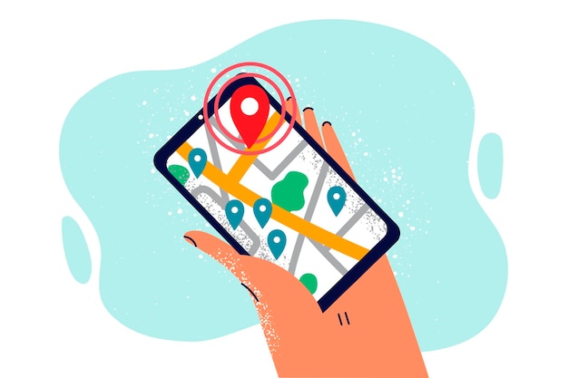 Kuryenin konumunu takip etmek için mobil haritaları kullanan bir kişinin elinde GPS navigasyonlu telefon. İnsan, seyahat ederken şehir haritalarıyla akıllı telefon tutuyor ve işaretçi yardımıyla yolunu buluyor.