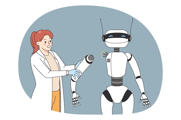 Kvinde arbejder med ai robot på kontoret