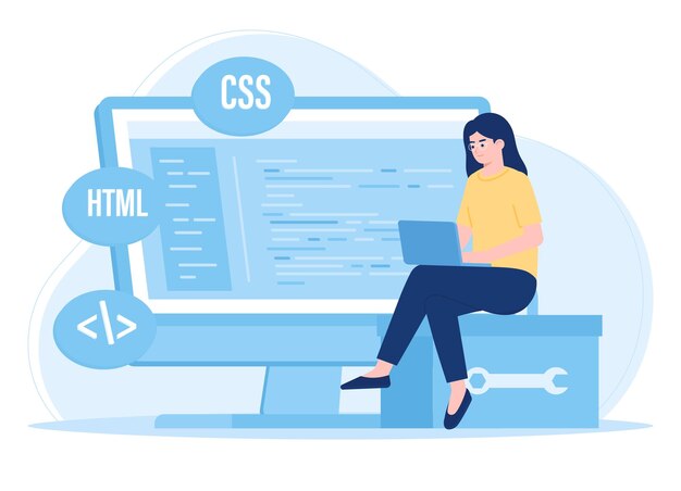 Kvinde der reparerer programmeringskoncept, flad illustration