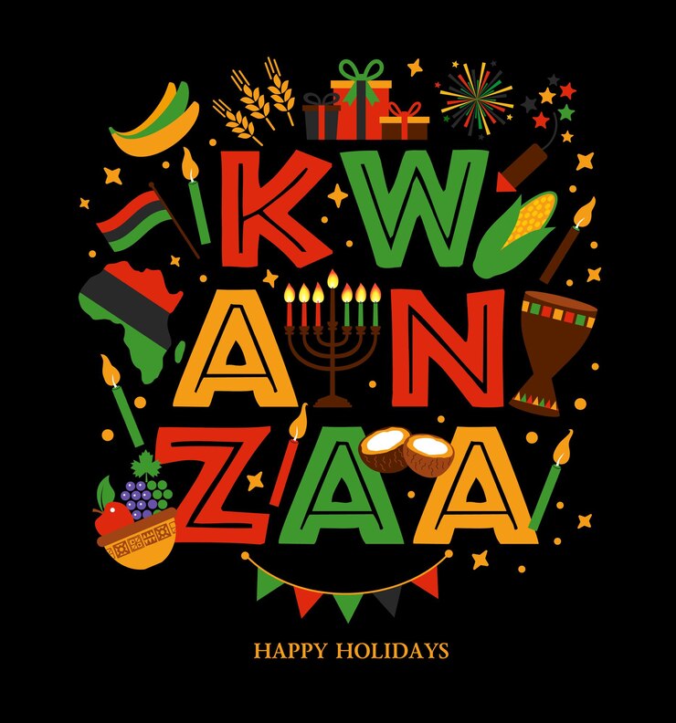 Vektör kwanzaa'nın vektör illüstrasyonu. siyah arka planda yazı ile tatil afrika sembolleri.