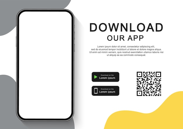 Ladda ner vår app för mobiltelefon. Reklambanner för nedladdning av mobilapp. Smartphone med tom skärm för din app.