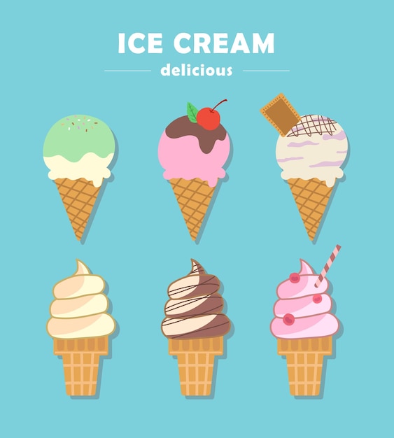 Lækre sommerdesserter, søde is-serier illustrationer med chokolade, vanilje og mere