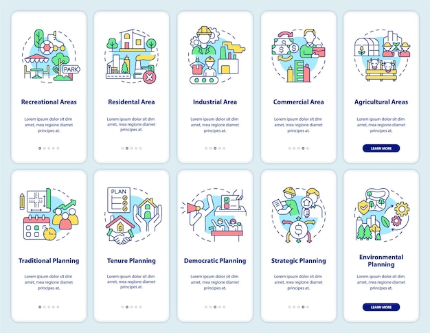 Land management onboarding mobile app screen set Environmental planning walkthrough 5 steps graphic instructions pages with linear concepts UI UX GUI template Myriad ProBold Regular fonts used