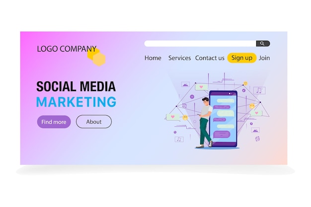 Landing page designed for social media marketing featuring a man leaning to a large cellphone
