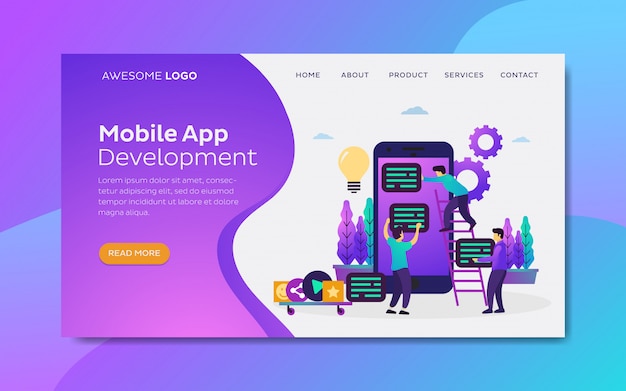 landing page template vector flat illustration of co working team mobile app development.