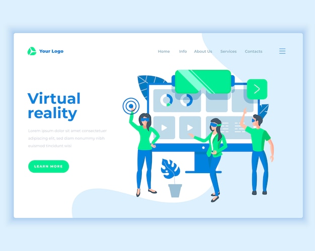 Landing page template virtual reality concept with office people.