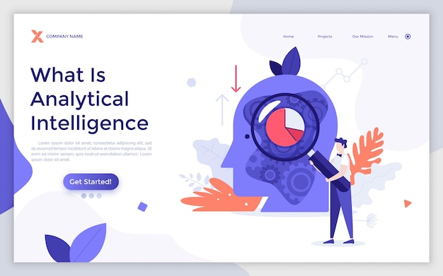 Landing page template with man looking at diagram inside human head through magnifying glass Concept of analytical intelligence logical or critical thinking Flat vector illustration for webpage