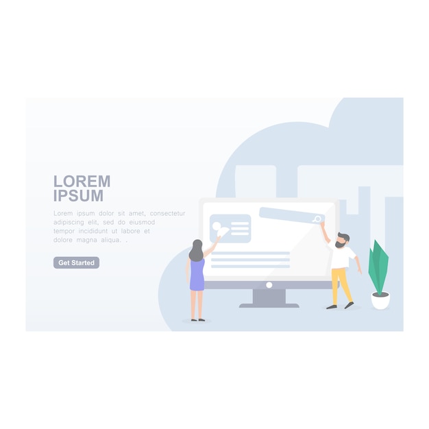 Landing page til hjemmeside med karakter, der arbejder sammen