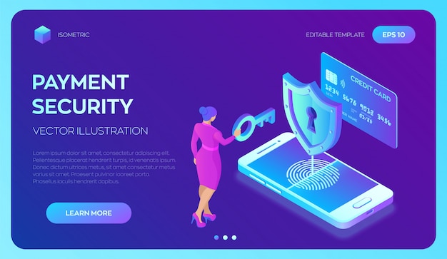 Landing page web template for secure payments. Data protection concept
