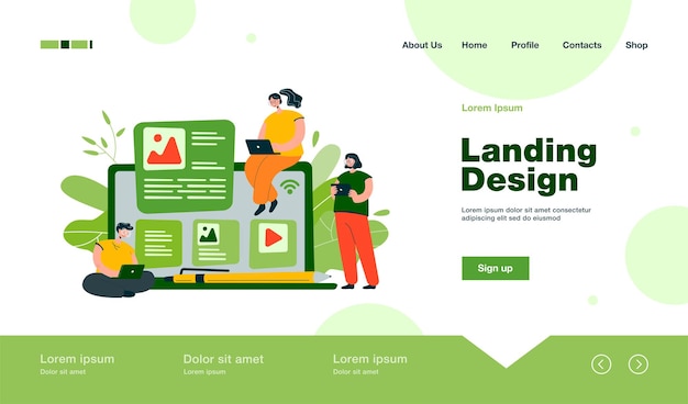 Landingpage i flad stil med bloggere og influencers, der skriver artikler og lægger indhold op