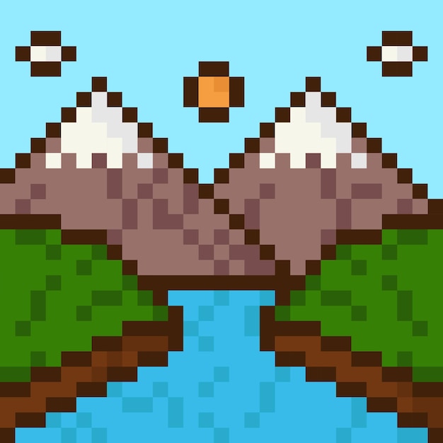 Landscape in pixel art style Mountains river and green meadow Vector illustration
