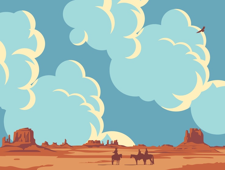 Vektör landscape with wild american prairies and cowboys