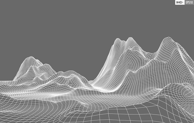 Landskap av trådram på vit bakgrund. Abstrakt geometrisk vektorbaserad teknikbakgrund. Digital 3D-vektorbaserad bakgrund