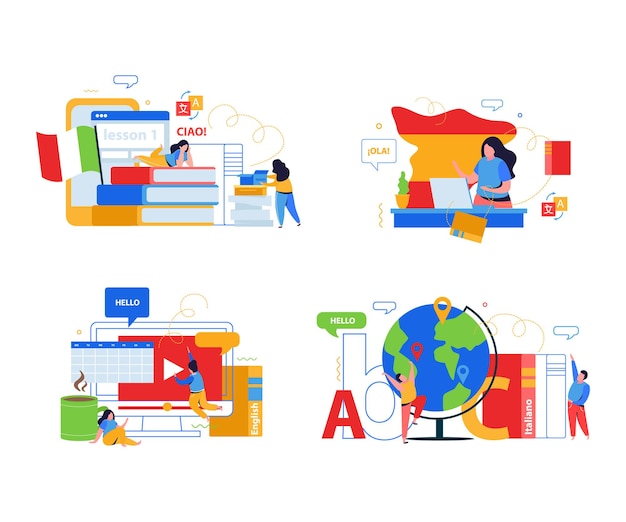 Language school 2x2 design concept set of flat compositions with people studying online illustration