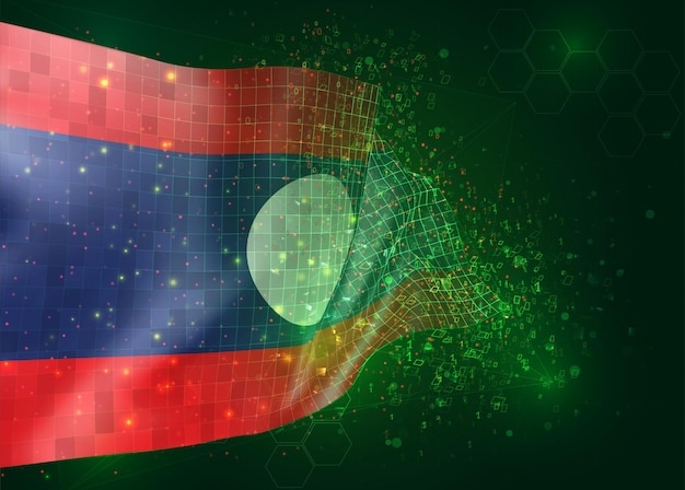 laos, on vector 3d flag on green background with polygons and data numbers