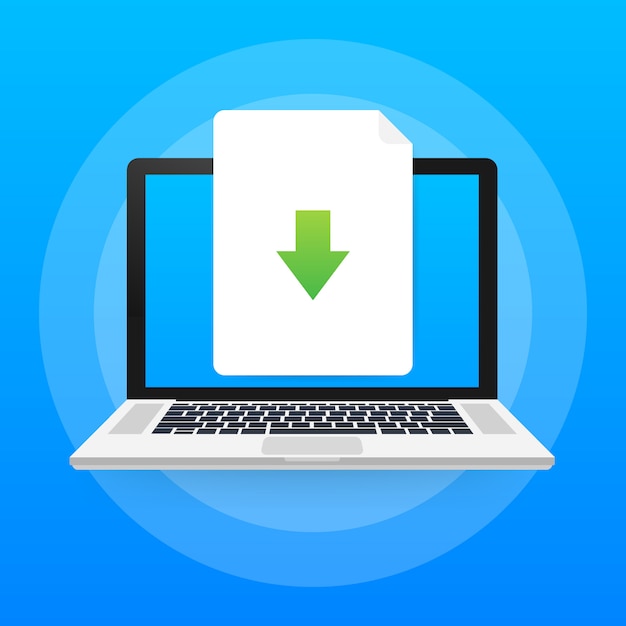 Laptop and download file icon. Document downloading concept.