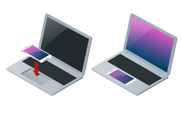 Laptop and mobile phone isolated on white. Flat 3d vector isometric illustration.
