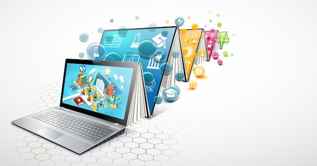 Laptop as a book. The concept of learning. Online education. Vector Illustration