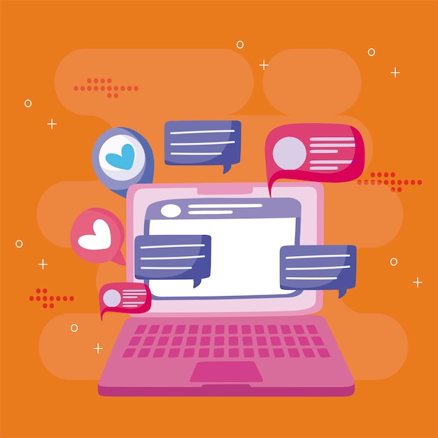 Laptop chatting sms messages bubbles social media cartoon  illustration