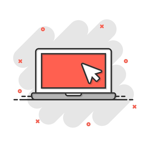 Laptop computer icon in comic style Cursor on notebook cartoon vector illustration on white isolated background Monitor splash effect business concept