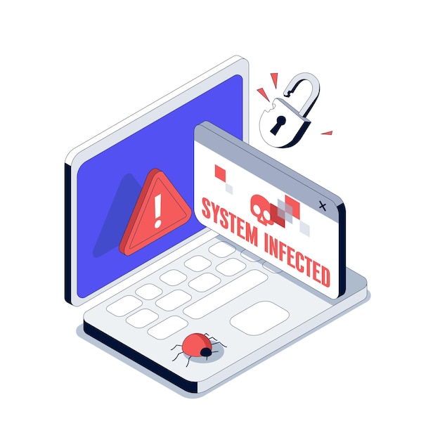 Laptop has a Blue screen Error System is Infected with a Virus Isometric Vector illustration