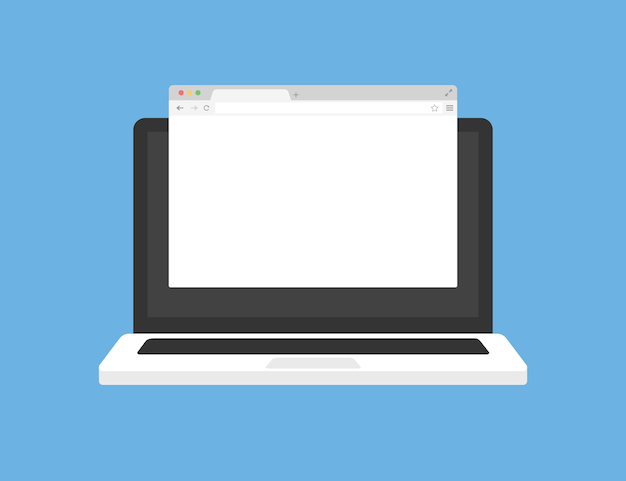 Laptop in trendy flat style with browser window.