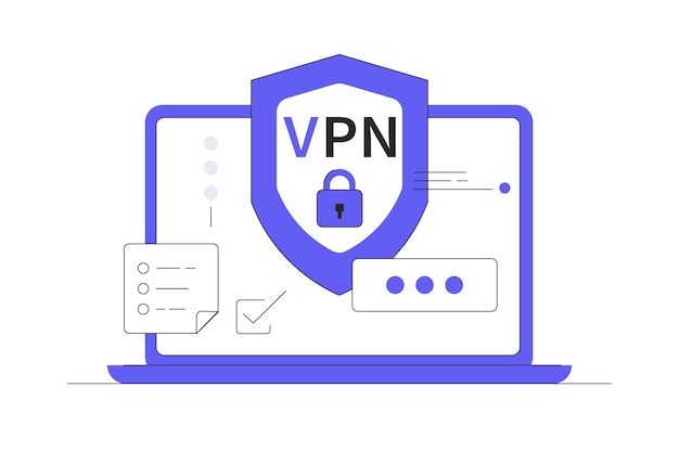 Laptop monitor shows VPN connection Virtual Private Network Security software for computers Server