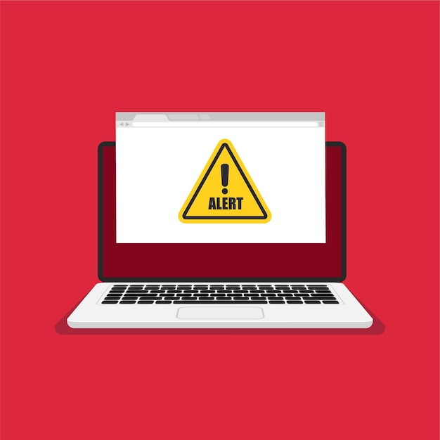 Laptop och varningssymbol på bildskärmen. Hackning av e-post eller dator. Larmsymbol på röd skärm