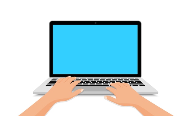 Laptop og hænder der skriver på tastatur. Menneske der arbejder på laptop