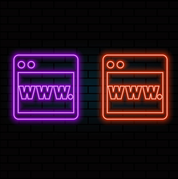 Laptop or notebook computer icon Colour neon style on dark brick wall background Light icon orange
