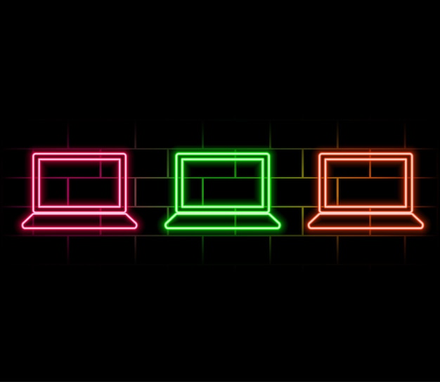 Laptop or notebook computer icon Neon style Light decoration icon Bright electric symbolpink