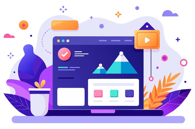 Laptop Screen with Web Design Elements and User Interface