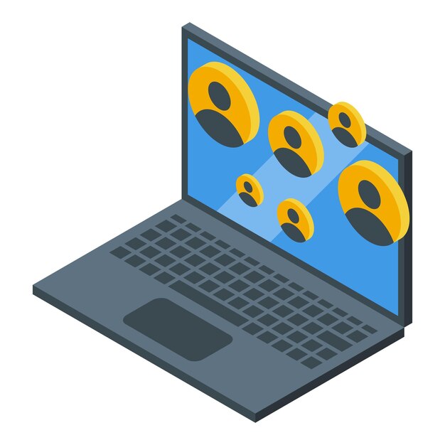 Laptop showing social network connections concept in isometric view