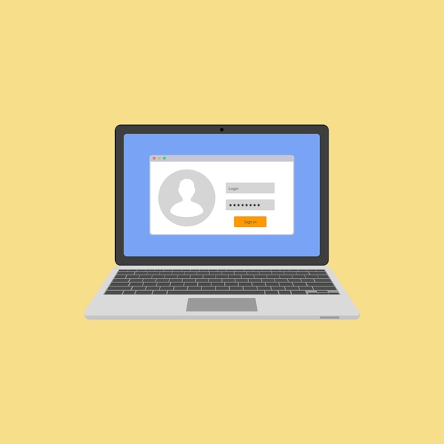 Laptop with authorization on the screen. Login and password of the user. Login to the system or account.  illustration