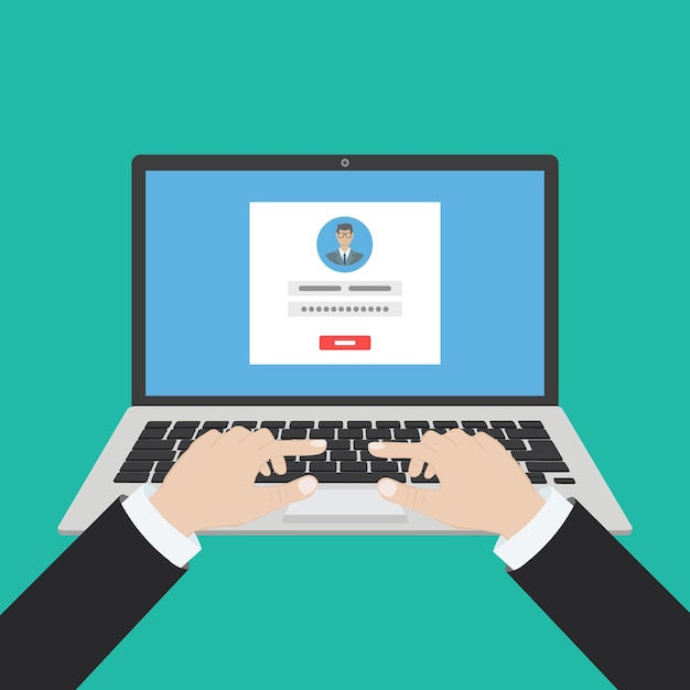 Laptop with login form page on screen Sign in to account user authorization login authentication page concept Username password fields sign in button Long shadow flat design vector illustration