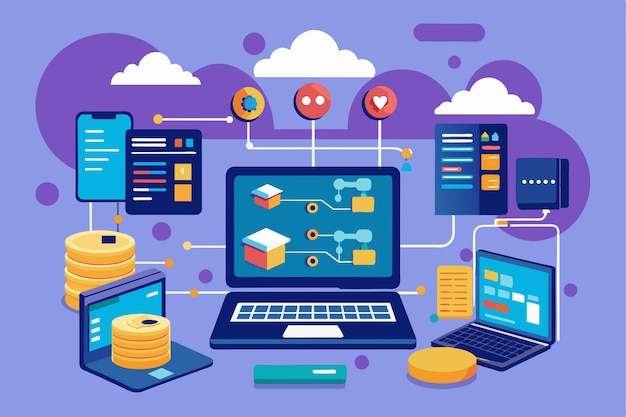 Laptops sync data with large systems via cloud tech and visual interfaces in todays workflow laptop storage synchronization to big data