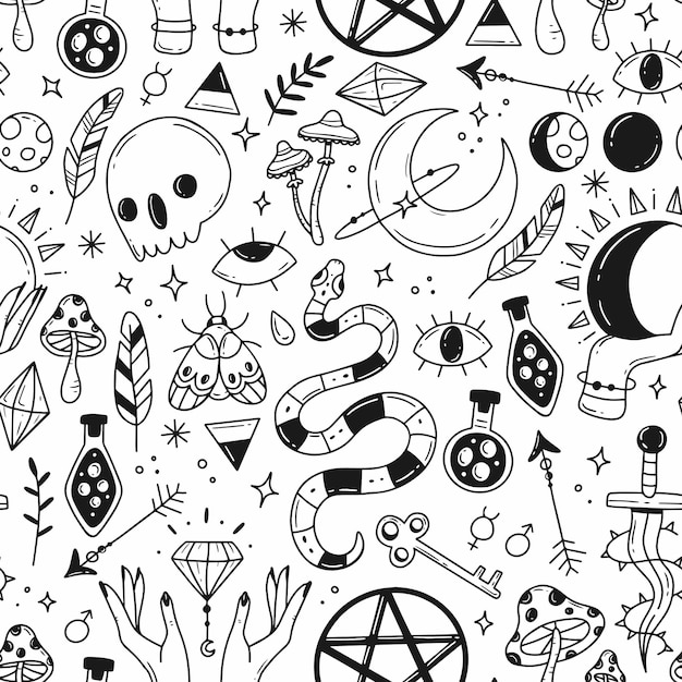 large seamless pattern with black and white magic doodle elements on the theme of esotericism magic