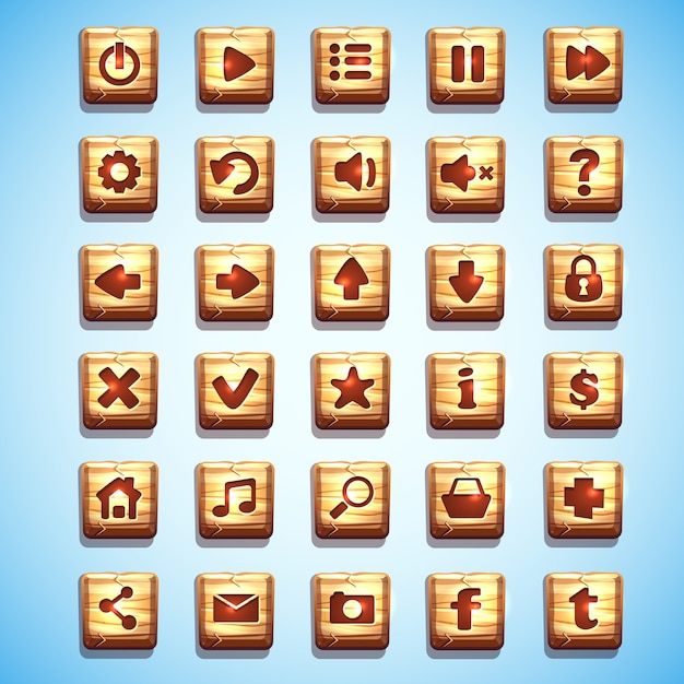 Large set of wooden square buttons for the user interface of computer games and web design