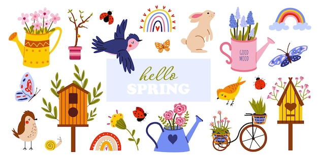 Large vector spring set Hello spring Flowers birds birdhouses watering cans butterflies rabbit