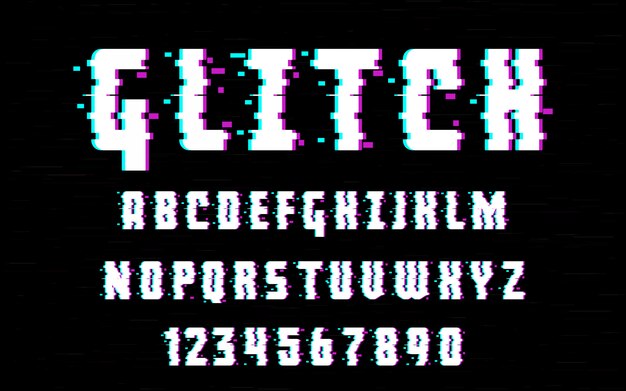 Latin alphabet. Trendy style distorted glitch typeface. Letters and numbers vector illustration. For your design