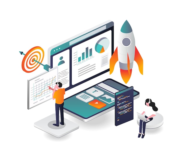 Launching new apps with rocket in isometric illustration