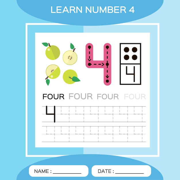 Learn number 4. Four . Children educational game. Lets Trace number 4 and write. Counting game.