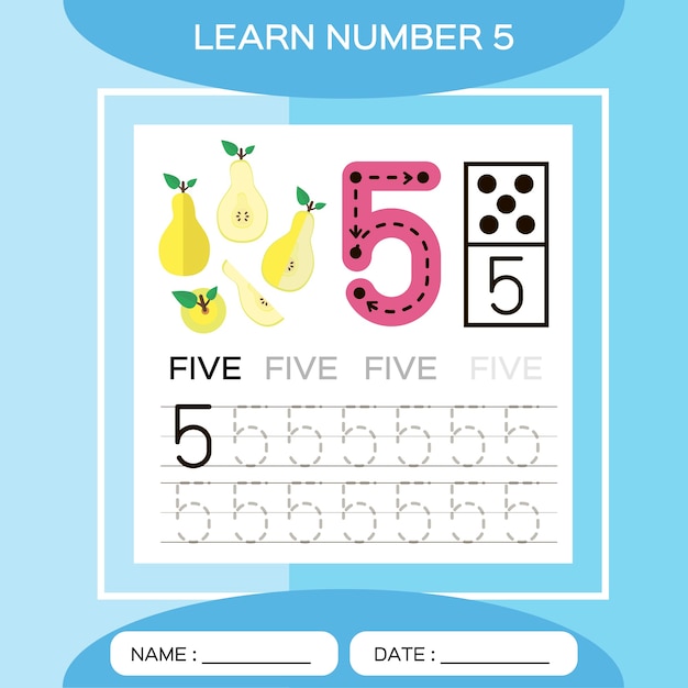 Learn number 5. Five . Children educational game. Lets Trace number 5 and write. Counting game.