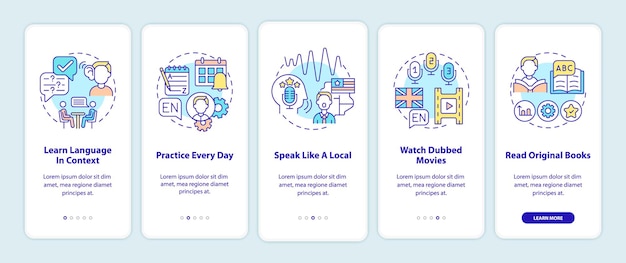 Learning language tips onboarding mobile app page screen with concepts