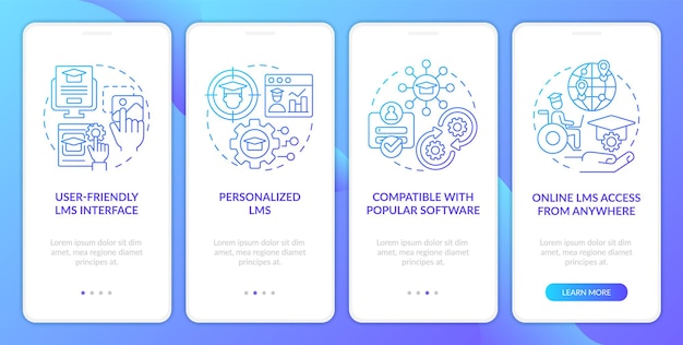 learning management system features blue gradient onboarding mobile app screen